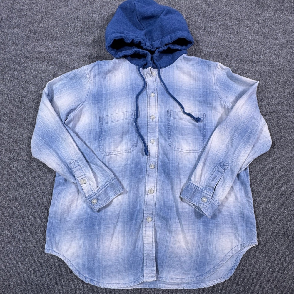 American Eagle Hooded Flannel Shirt Mens Small Blue White Plaid Button Down